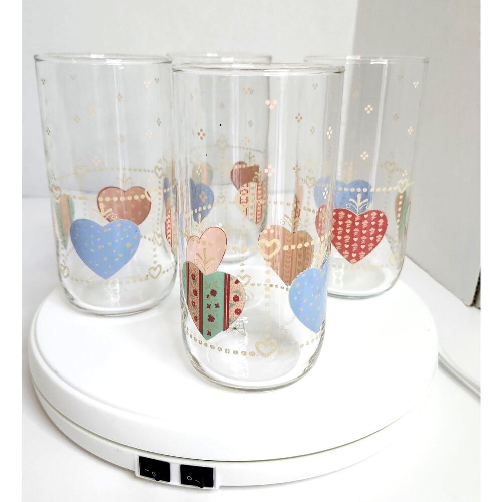 Vtg Retro Folk Art Glasses Tienshan Heartwarming Textured Tumblers Set of 4 - Picture 5 of 5